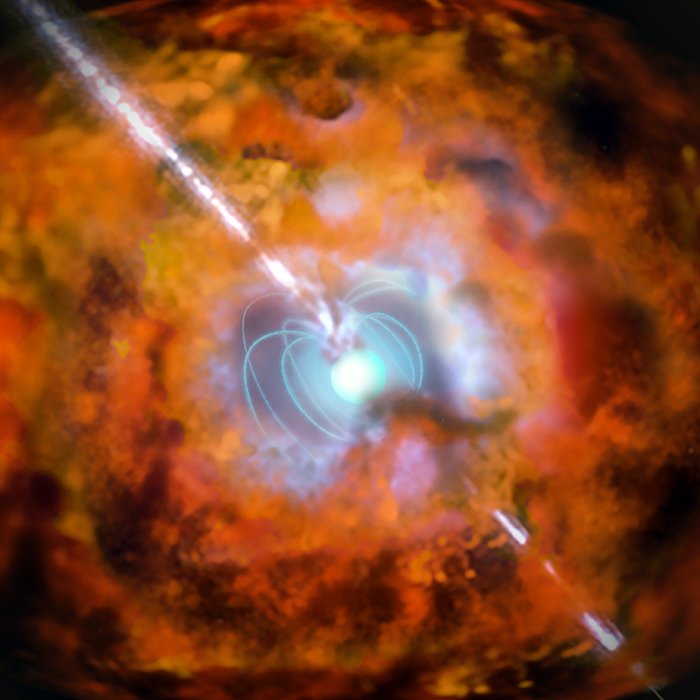 Ilustración de un estallido de rayos gamma y una supernova alimentada por un magnetar 