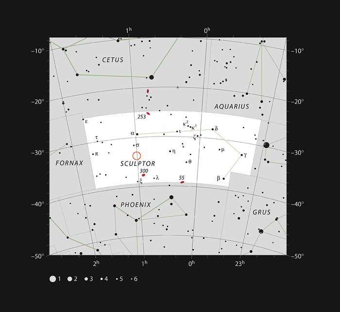 Trpasličí galaxie v souhvězdí Sochaře – poloha na obloze