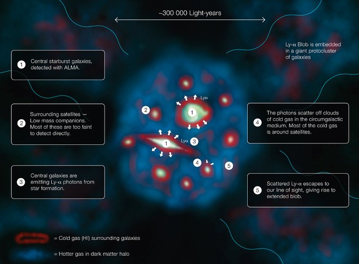 Infografik som viser hvordan en Lyman-alpha Blob er opbygget
