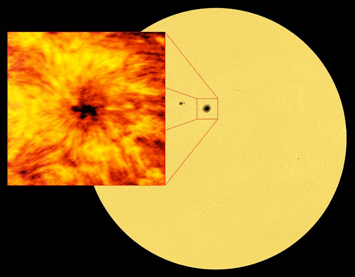 Image de la surface solaire aux côtés d’une vue rapprochée d’une tâche solaire acquise par ALMA