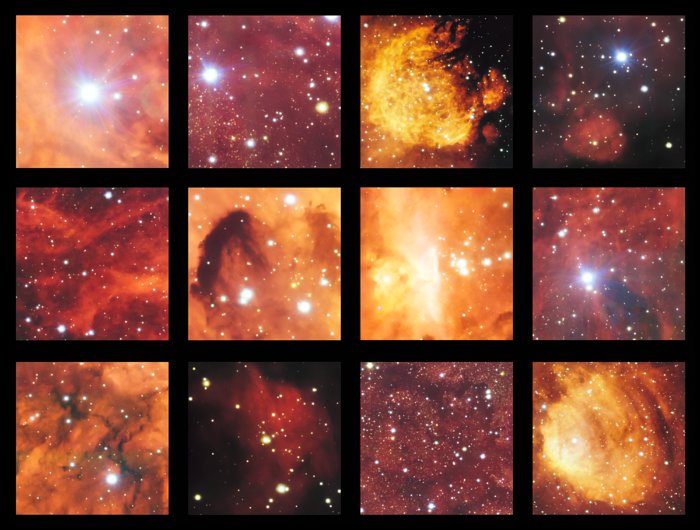 Particolari delle nebulose Zampa di Gatto e Aragosta nell'immagine VST