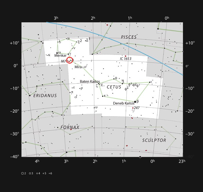 Stjernekort over stjernebilledet Cetus med spiralgalaksen NGC 1055 markeret