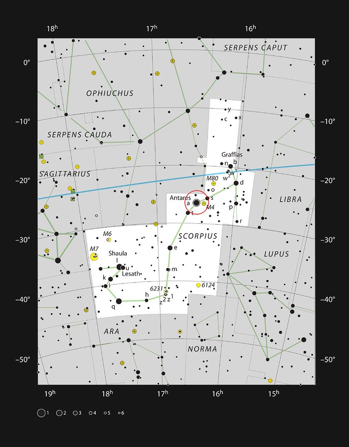Jasná hvězda Antares v souhvězdí Štíra