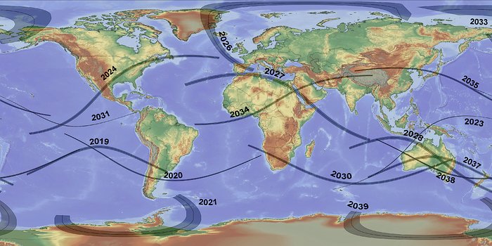 Trajetos de todos os eclipses totais do Sol no período de 2019 a 2040