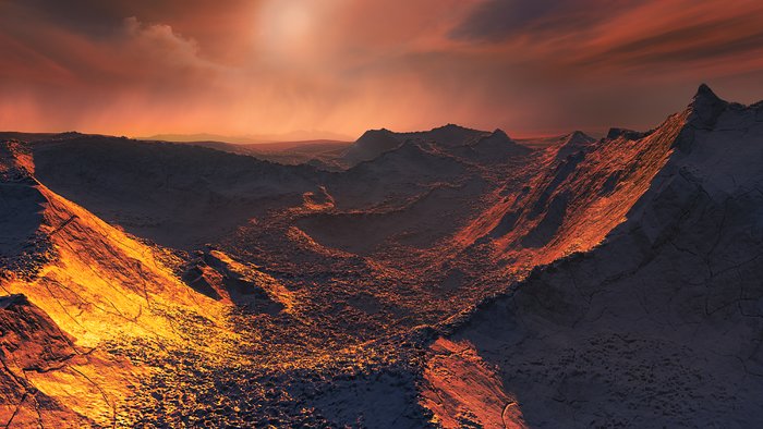 Artystyczna wizja powierzchni superziemi krążącej wokół Gwiazdy Barnarda