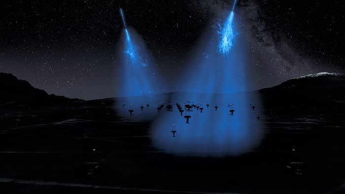 Pole CTA-S v noci s atmosférickou sprškou Čerenkovova záření
