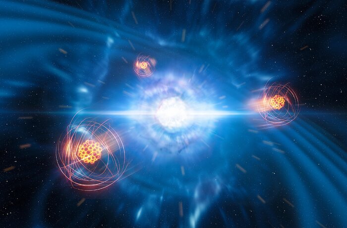 Artist’s impression van strontium dat vrijkomt bij een botsing tussen neutronensterren