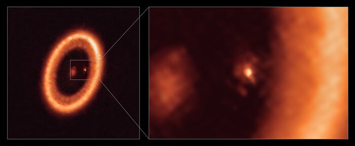 Vues grand champ et rapprochée d'un disque lunaire vu par ALMA