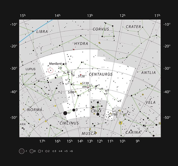 Läget för b Centauri b i stjärnbilden Kentauren