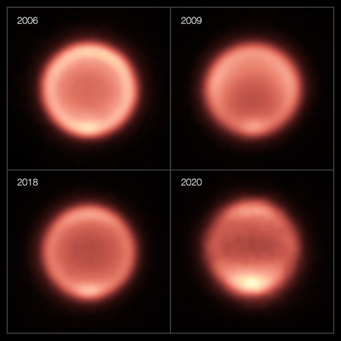 Termiske billeder af Neptun optaget imellem 2006 og 2020 (anderledes layout)