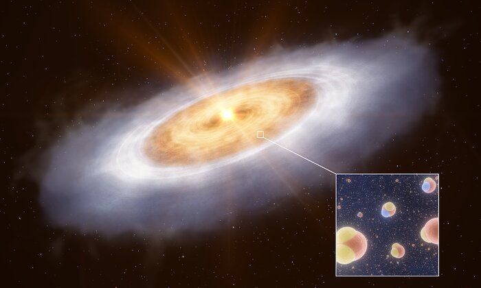 Agua en el disco de formación planetaria que rodea a la estrella V883 Orionis (representación artística)