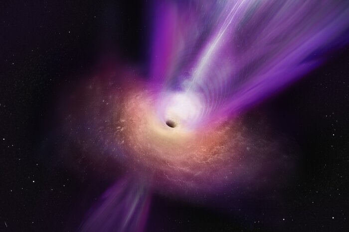 Imagem artística do buraco negro da galáxia M87 e do seu jato poderoso