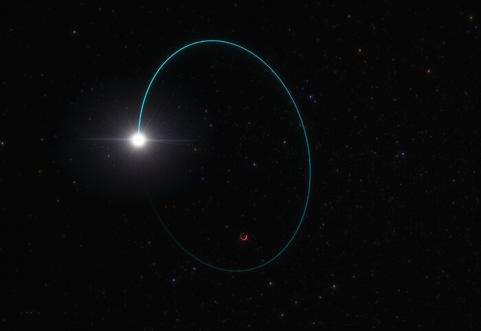 The image shows an artist’s impression of a massive star, shining brightly in a white-yellow colour, orbiting a stellar black hole. The star’s orbital path is elliptical, outlined faintly in blue, with the major axis oriented vertically. The black hole is only visible as a red circular outline, and is located towards the bottom of the ellipse.