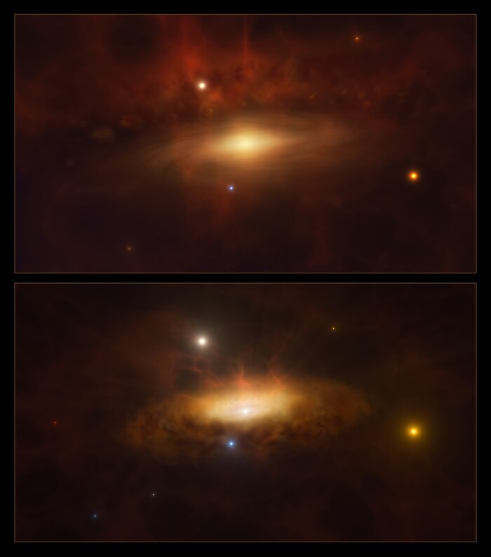 This image is made up of two artist’s impressions. The top image shows a wispy spiral structure around a yellow central region, all surrounded by hazy red clouds and on a dark reddish background. The one at the bottom shows a similar structure, but the central region is now brighter with a white central point. The material surrounding it has become a ring of dark red clouds.