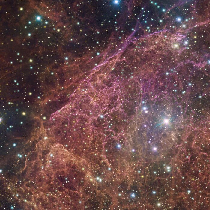 At the centre of the image, there is a pink network of filaments, which extends towards the right. Around it, filamentary orange clouds fill the space. Spread all over the picture, bright yellow, blue and reddish stars populate the image. The dark background is almost completely hidden by all these features.