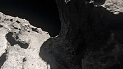Animace průletu kolem jádra komety 67P/Čurjumov-Gerasimenko