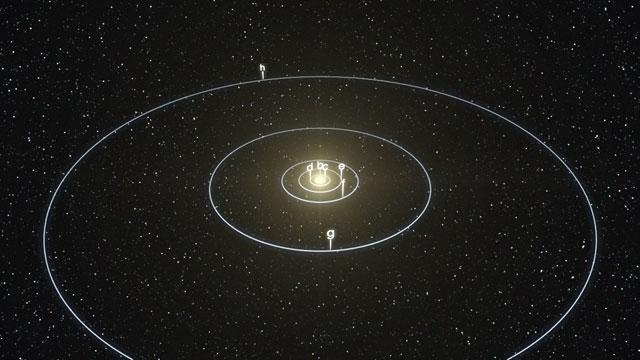 Animación del sistema planetario en torno a la estrella HD 10180 similar al Sol (impresión artística)