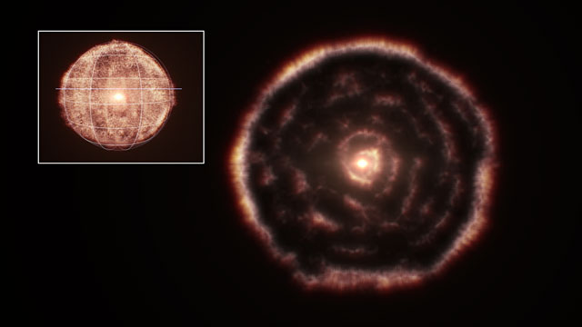Åk igenom ALMA:s tredimensionella bild av materian runt röda jättestjärnan R Sculptoris