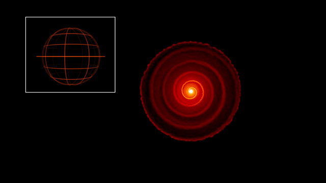 Åk igenom en tredimensionell datormodell av materian runt röda jättestjärnan R Sculptoris