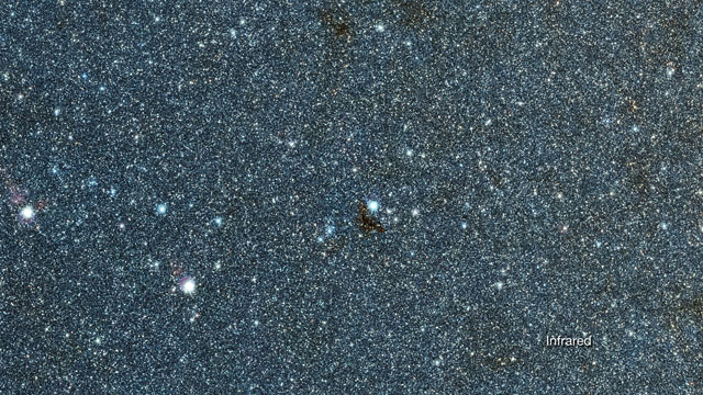 Infrarødt/synligt-lys overblændingsbilleder af stjernehoben NGC 6520 og den mørke sky Barnard 86