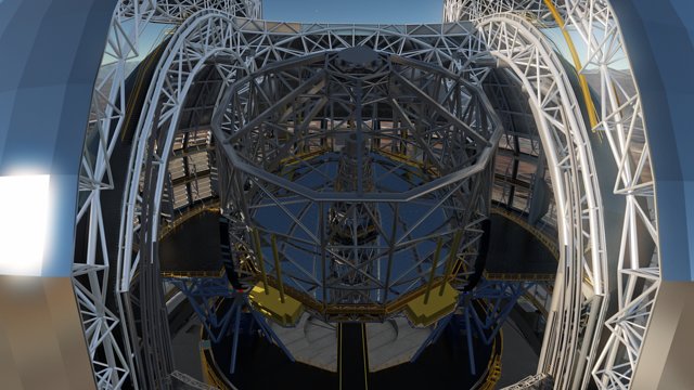 Detailní pohled na dalekohled E-ELT uvnitř kopule