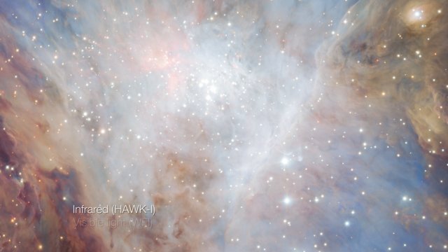 Overblænding imellem synligt lys og den nye infrarødoptagelse af Oriontågen