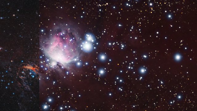 Sammenligning af optagelser i synligt og infrarødt lys af Orion A molekylskyen