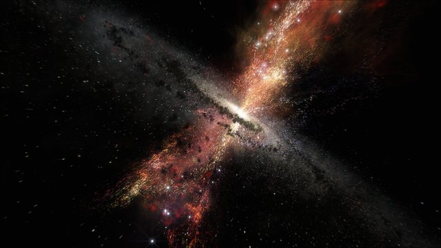 Impressão artística de estrelas nascidas em ventos de buracos negros supermassivos