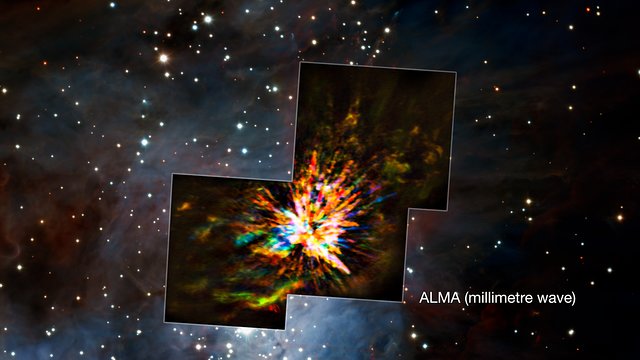 Hvězdná exploze v Orionu – srovnání záběrů z ALMA se snímkem z dalekohledu VLT