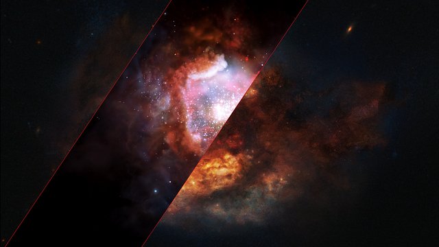 Vue d’artiste d’une galaxie lointaine à sursauts d’étoiles