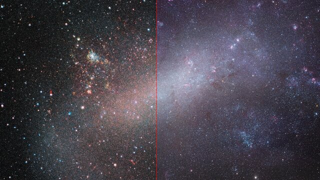Srovnání: Velký Magellanův oblak ve viditelném světle a infračerveném záření
