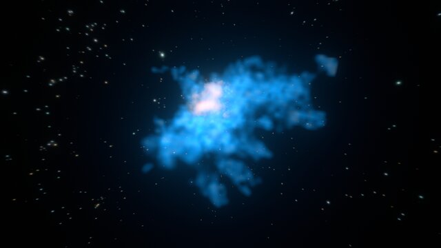 Una imagen en tres dimensiones de un halo de gas, observado con MUSE, rodeando a una fusión de galaxias observada con ALMA