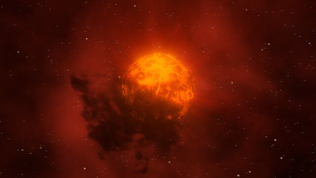 Konstnärlig animation av Betelgeuse och dess skymmande stoftmoln
