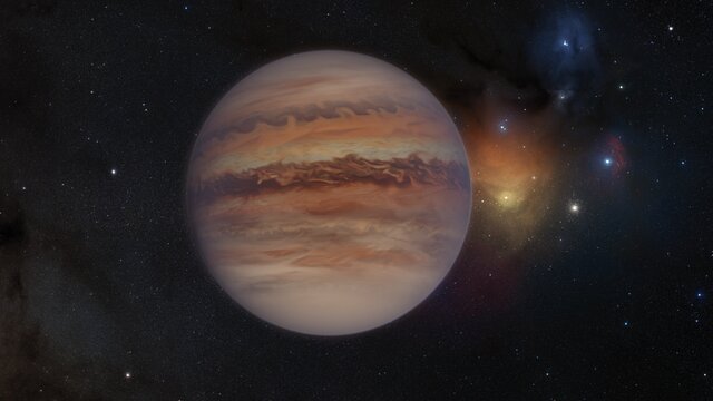 Konstnärlig animation av en interstellär planet i Rho Ophiuchiområdet