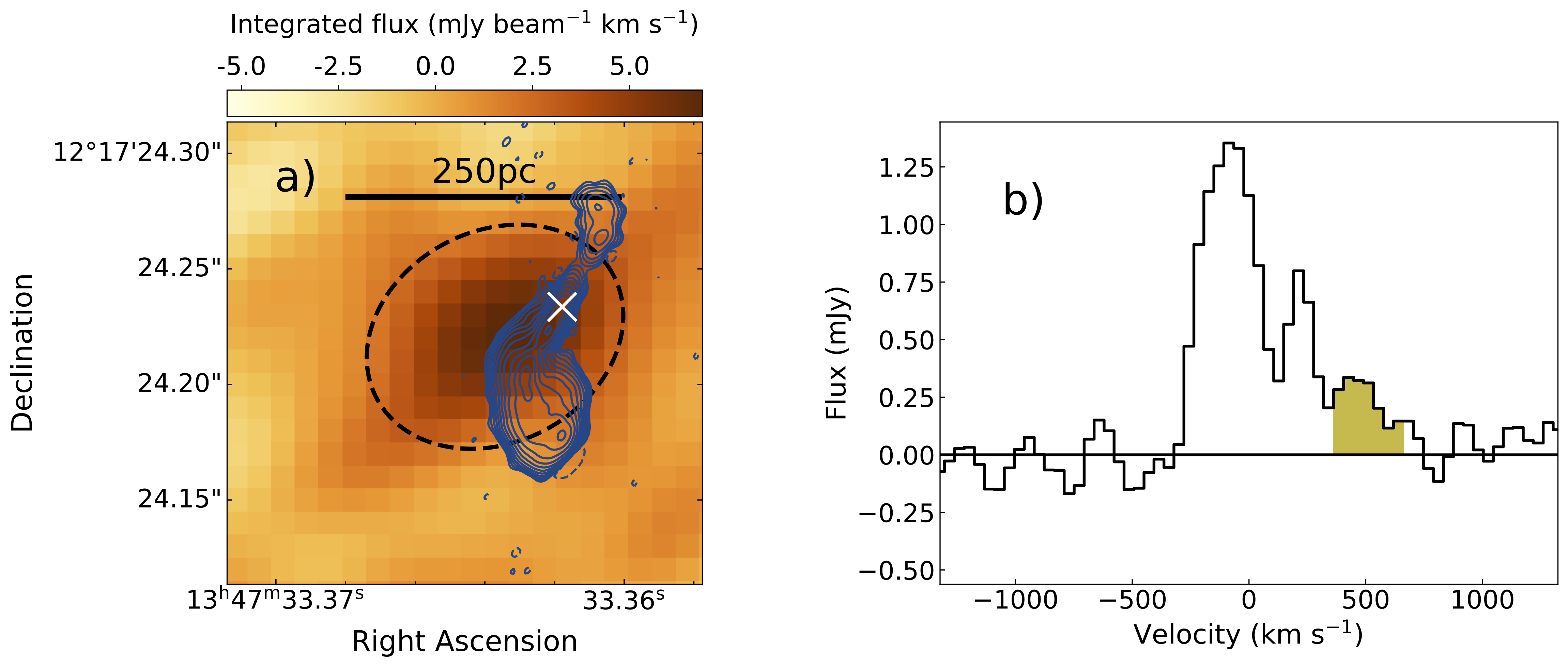 Left panel (a): Integrated ALMA CO(1-0) flux map of the velocity channels between 400<v<680 km s-1, showing the position of the cold-molecular AGN-driven outflow relative to the AGN position (white cross) and the AGN-jet (seen in VLBI 1266 MHz continuum imaging; blue contours) at the position of the primary nucleus of F13451+1232. Right panel (b): CO(1-0) line profile extracted from the aperture that covers the outflow in the ALMA observations (shown as a dashed black ellipse in the left panel) - the part of the line profile that is taken to represent a cold-molecular gas outflow is shaded in yellow.