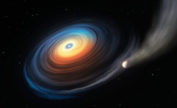Artist’s impression created for an ESO press release issued in December 2019, showing an evaporating exoplanet around a white dwarf. 